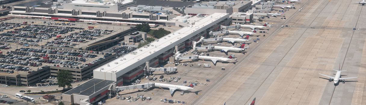 Overhead view of a airport, illustrating the role of time synchronization at an airport.