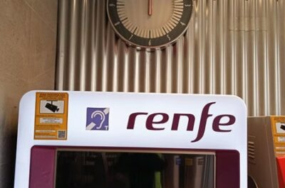 RENFE clock in front of a ticketing automate