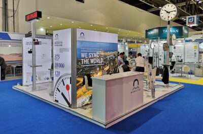 Intersec MOBATIME Booth, analogue and digital Clock Stand